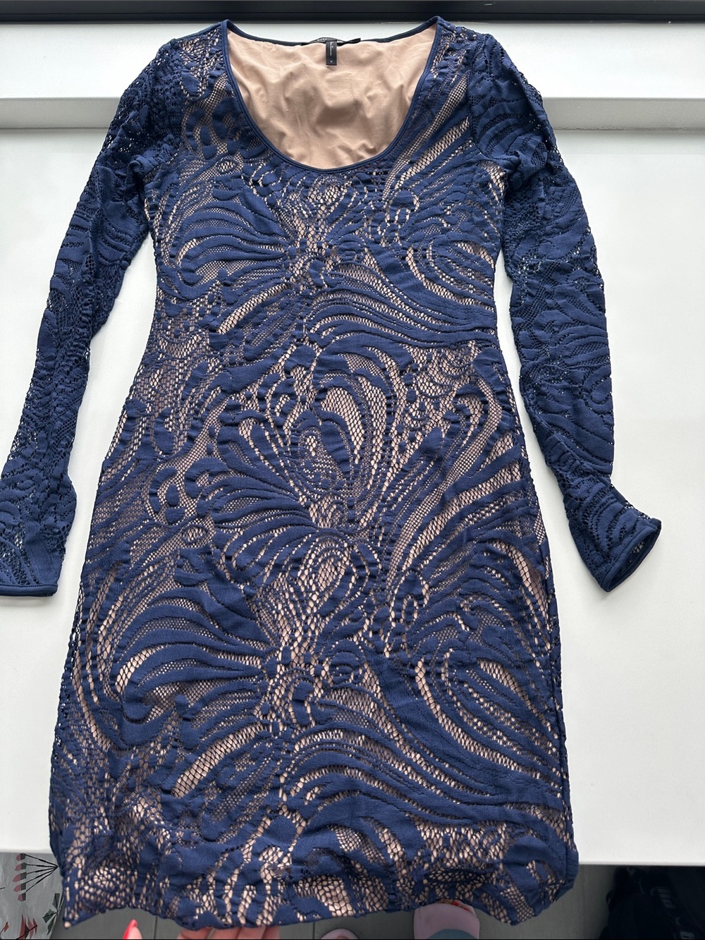 BCBGMaxAzria Navy Lace Long Sleeve Scoop Neck Dress with Nude Lining
